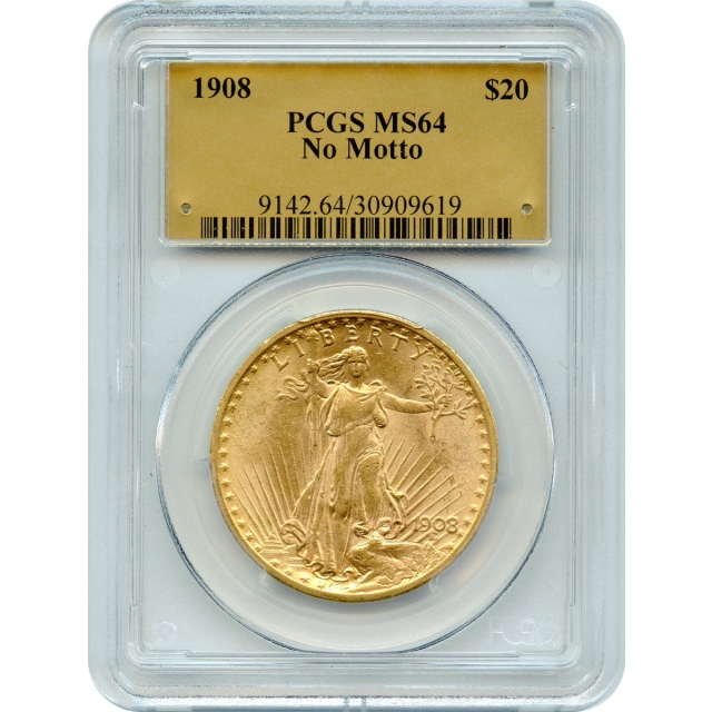 1908 $20 Saint Gaudens Double Eagle, No Motto PCGS MS64 Gold Label