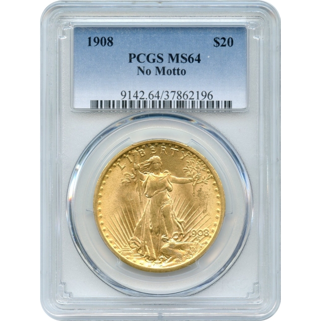 1908 $20 Saint Gaudens Double Eagle, No Motto PCGS MS64