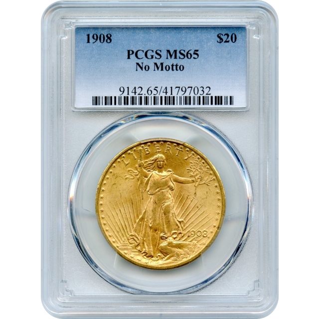 1908 $20 Saint Gaudens Double Eagle, No Motto PCGS MS65