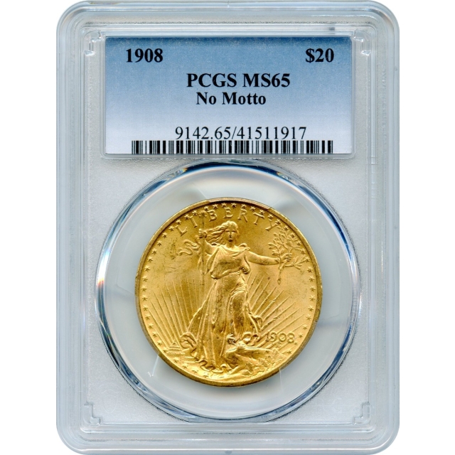 1908 $20 Saint Gaudens Double Eagle, No Motto PCGS MS65