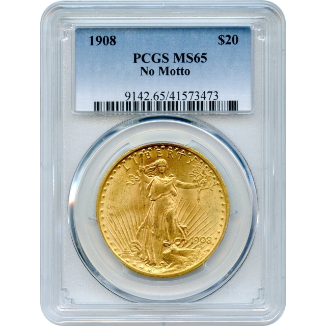 1908 $20 Saint Gaudens Double Eagle, No Motto PCGS MS65