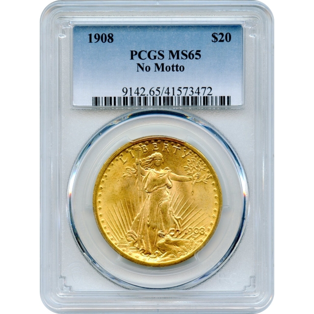 1908 $20 Saint Gaudens Double Eagle, No Motto PCGS MS65