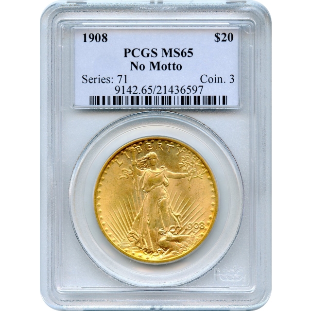 1908 $20 Saint Gaudens Double Eagle, No Motto PCGS MS65