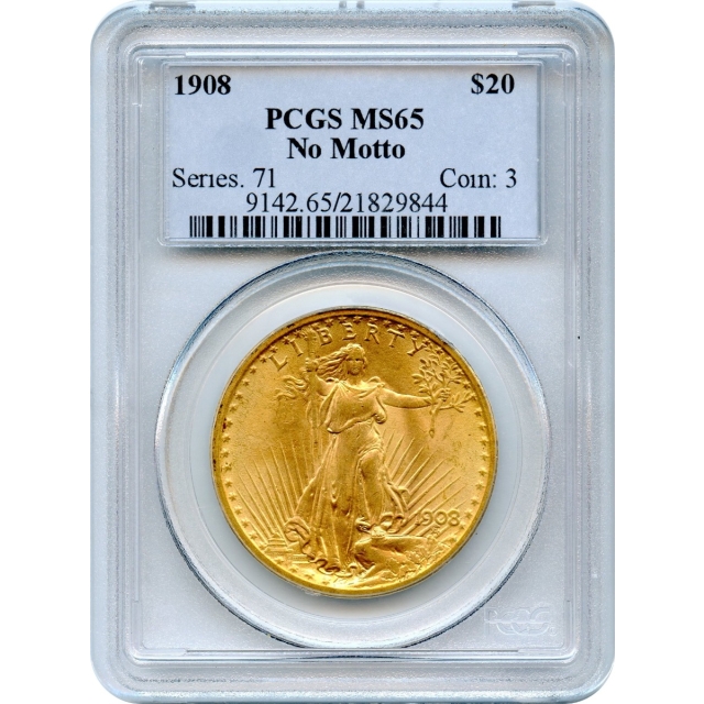 1908 $20 Saint Gaudens Double Eagle, No Motto PCGS MS65