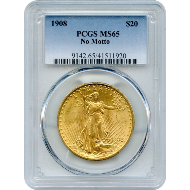 1908 $20 Saint Gaudens Double Eagle, No Motto PCGS MS65