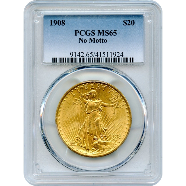 1908 $20 Saint Gaudens Double Eagle, No Motto PCGS MS65