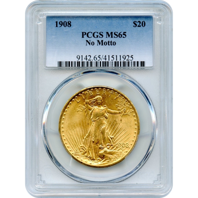 1908 $20 Saint Gaudens Double Eagle, No Motto PCGS MS65