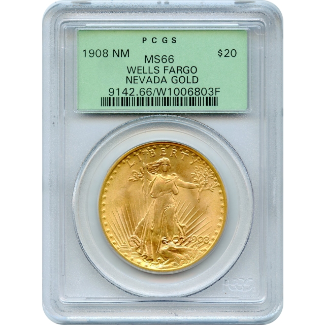 1908 $20 Saint Gaudens Double Eagle, No Motto PCGS MS66 Ex.Wells Fargo Hoard