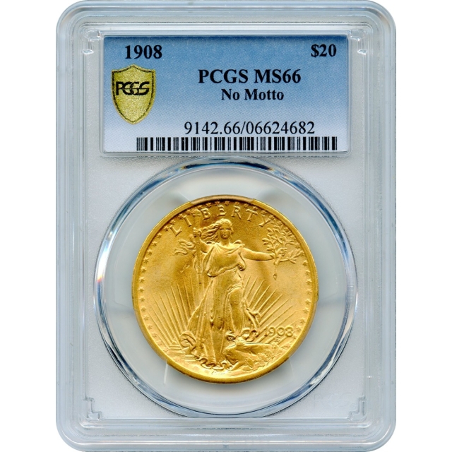 1908 $20 Saint Gaudens Double Eagle, No Motto PCGS MS66