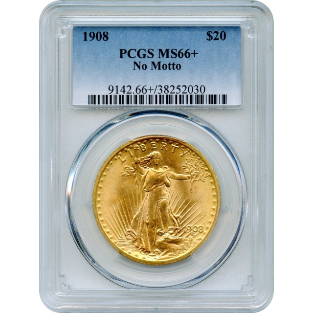 1908 $20 Saint Gaudens Double Eagle, No Motto PCGS MS66+