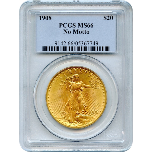 1908 $20 Saint Gaudens Double Eagle, No Motto PCGS MS66