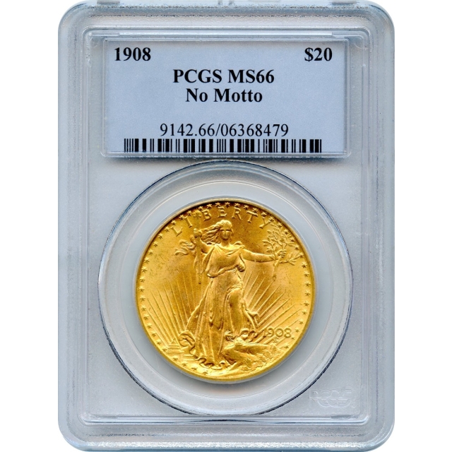 1908 $20 Saint Gaudens Double Eagle, No Motto PCGS MS66