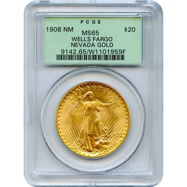 1908 $20 Saint Gaudens Double Eagle, No Motto PCGS MS65 Ex.Wells Fargo Hoard