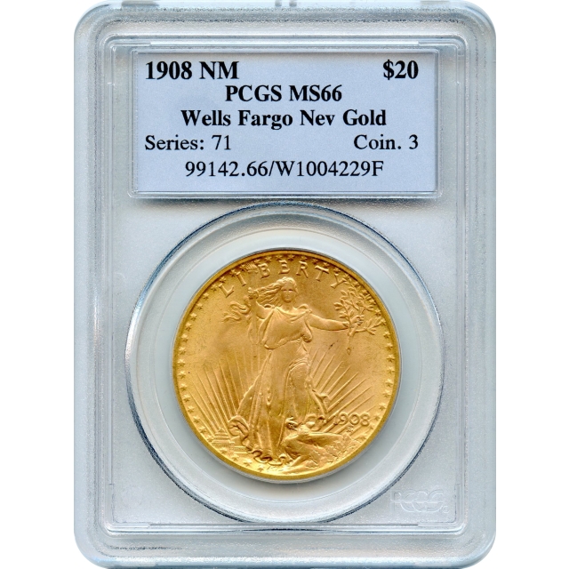 1908 $20 Saint Gaudens Double Eagle, No Motto PCGS MS66 Ex. Wells Fargo Hoard
