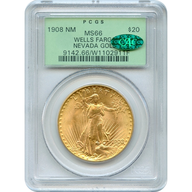 1908 $20 Saint Gaudens Double Eagle, No Motto PCGS MS66 (CAC) Ex. Wells Fargo