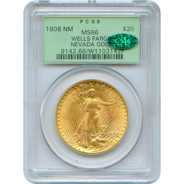 1908 $20 Saint Gaudens Double Eagle, no Motto PCGS MS66 (CAC) Ex. Wells Fargo Hoard