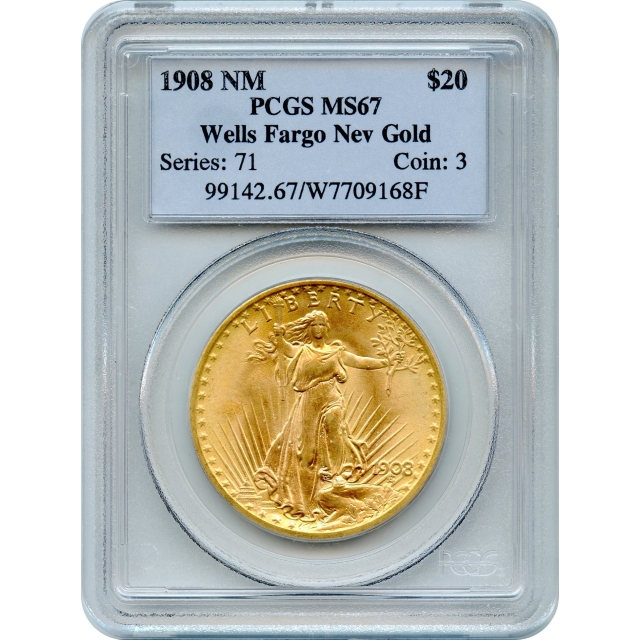 1908 $20 Saint Gaudens Double Eagle, No Motto PCGS MS67 Ex. Wells Fargo Hoard