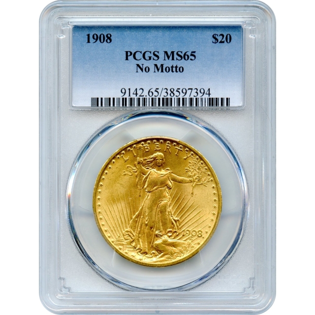 1908 $20 Saint Gaudens Double Eagle, No Motto PCGS MS65