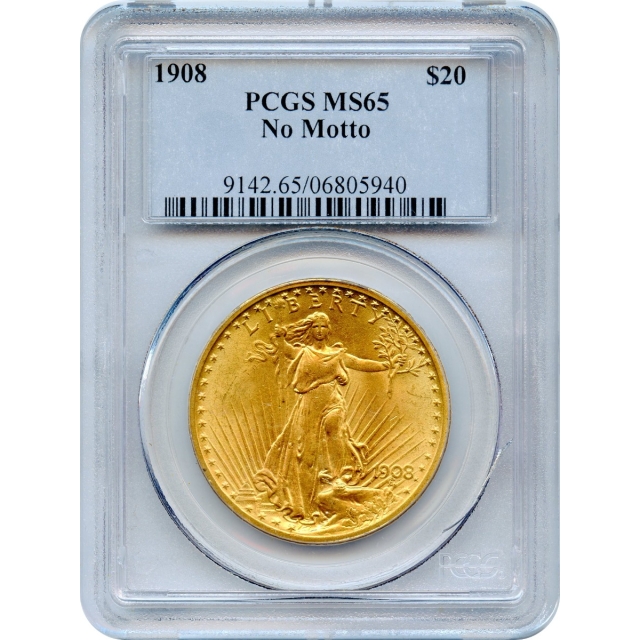 1908 $20 Saint Gaudens Double Eagle, No Motto PCGS MS65