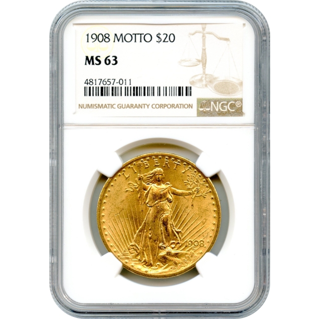 1908 $20 Saint Gaudens Double Eagle, with Motto NGC MS63