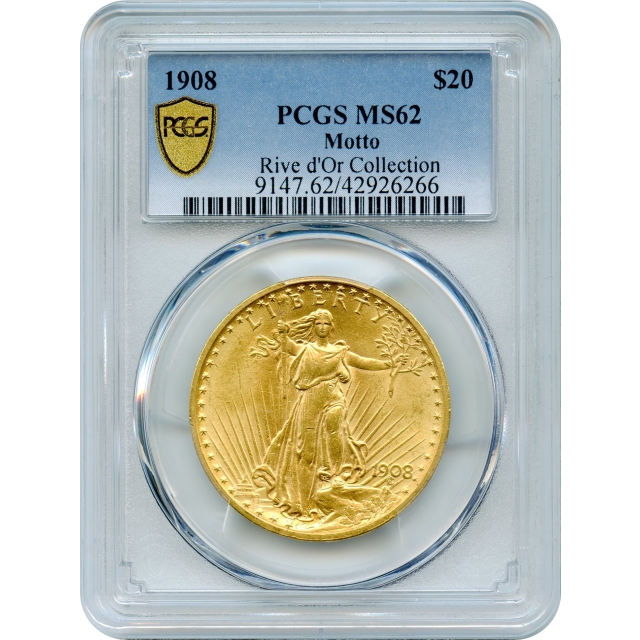 1908 $20 Saint Gaudens Double Eagle, with Motto PCGS MS62 Ex.Rive d'Or Collection