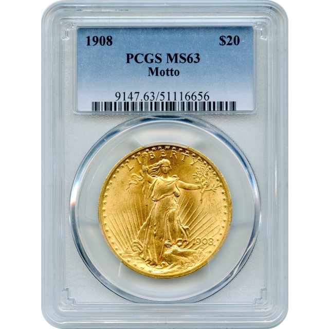 1908 $20 Saint Gaudens Double Eagle, with Motto PCGS MS63
