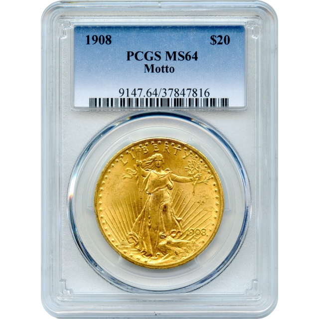 1908 $20 Saint Gaudens Double Eagle, with Motto PCGS MS64