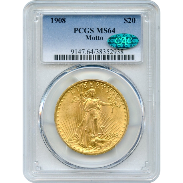 1908 $20 Saint Gaudens Double Eagle with Motto PCGS MS64 (CAC)