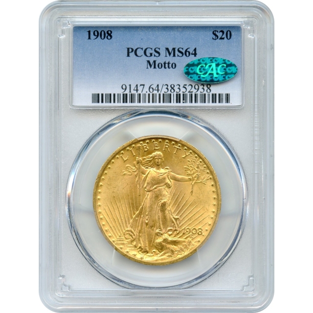 1908 $20 Saint Gaudens Double Eagle with Motto PCGS MS64 (CAC)