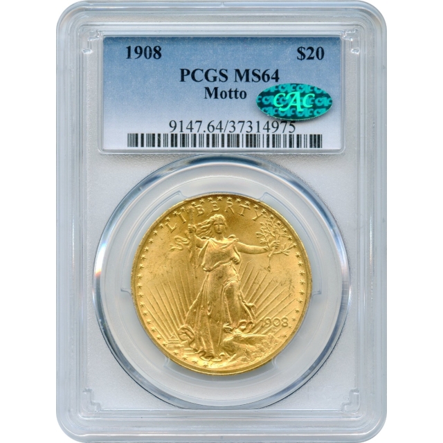 1908 $20 Saint Gaudens Double Eagle, with Motto PCGS MS64 (CAC)