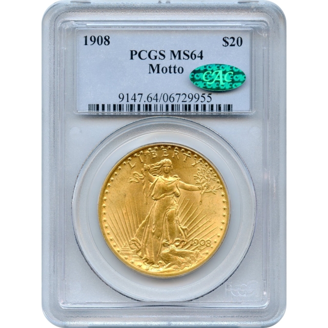 1908 $20 Saint Gaudens Double Eagle, with Motto PCGS MS64 (CAC)