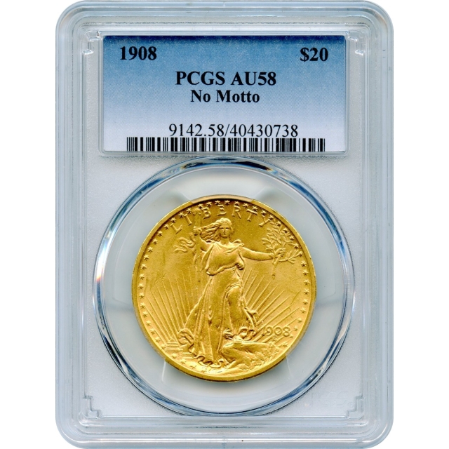 1908 $20 Saint Gaudens Double Eagle, No Motto PCGS AU58