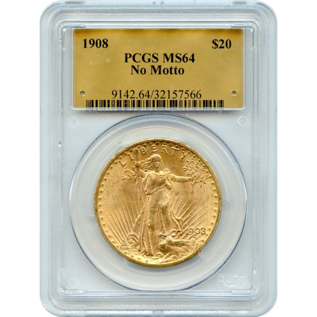 1908 $20 Saint Gaudens Double Eagle, No Motto PCGS MS64 (Gold Label)