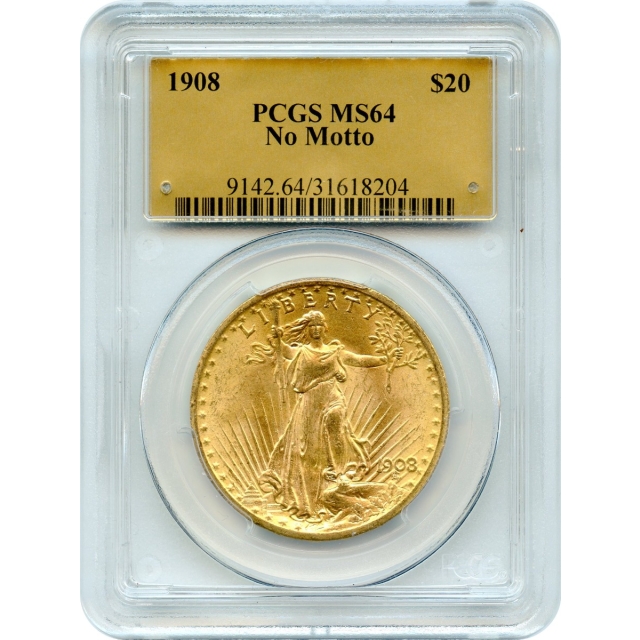 1908 $20 Saint Gaudens Double Eagle, No Motto PCGS MS64 (Gold Label)