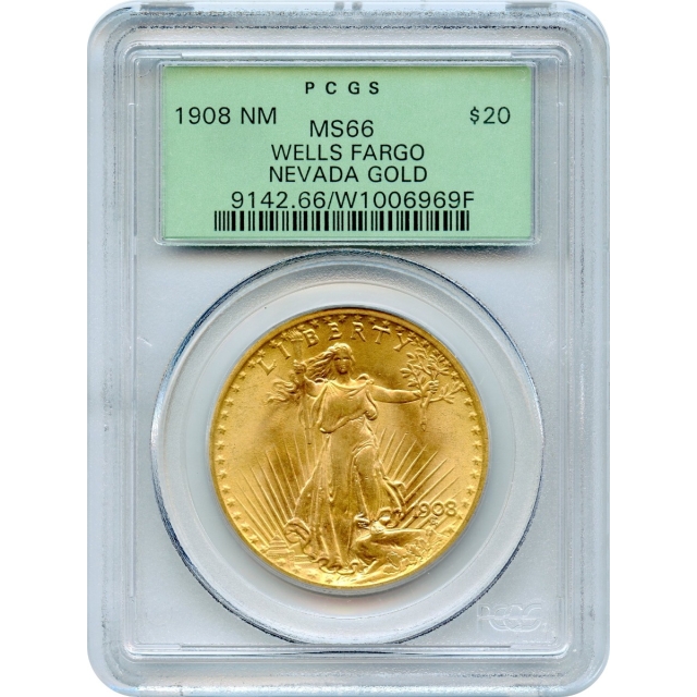 1908 $20 Saint Gaudens Double Eagle, No Motto PCGS MS66 Ex. Wells Fargo