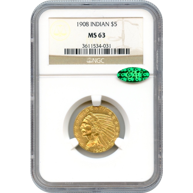 1908 $5 Indian Head Half Eagle NGC MS63 (CAC)