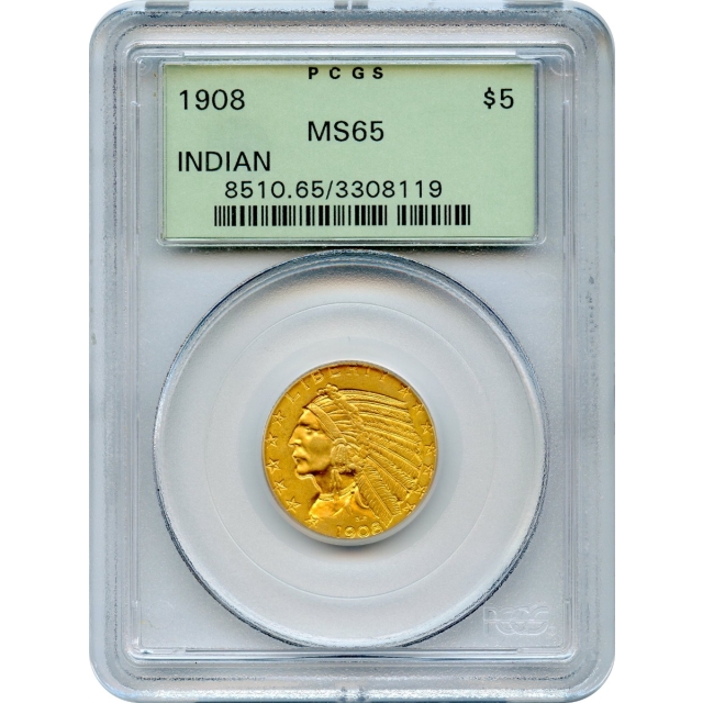 1908 $5 Indian Head Half Eagle PCGS MS65