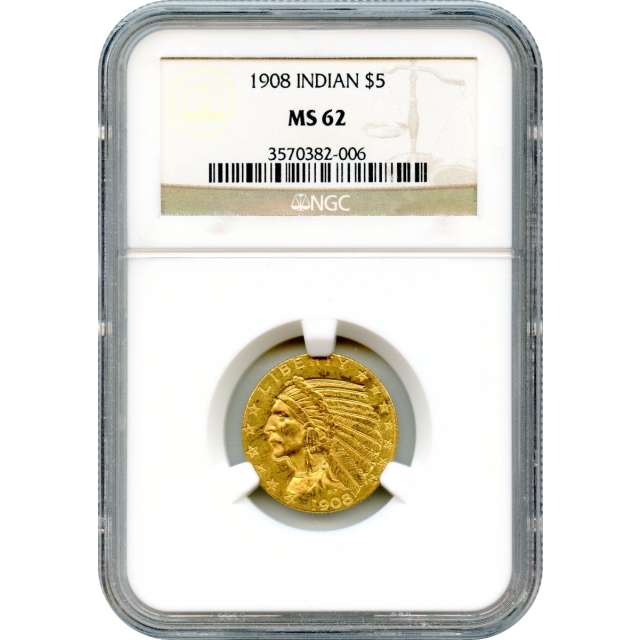 1908 $5 Indian Head Half Eagle NGC MS62