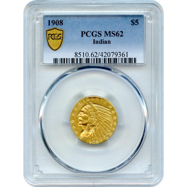 1908 $5 Indian Head Half Eagle PCGS MS62