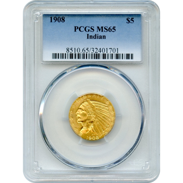 1908 $5 Indian Head Half Eagle PCGS MS65