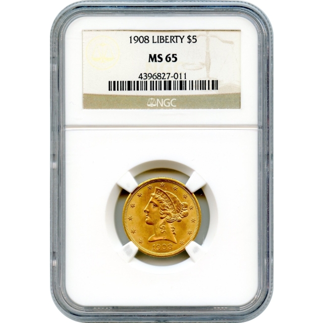 1908 $5 Liberty Head Half Eagle NGC MS65