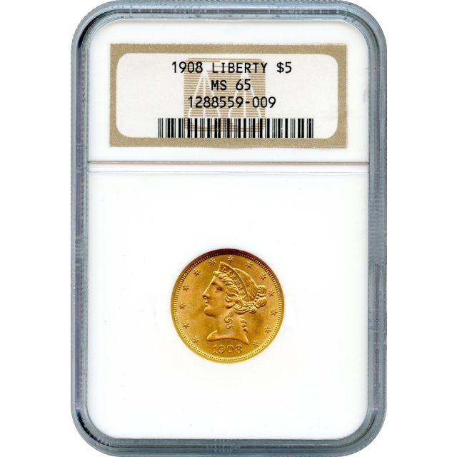 1908 $5 Liberty Head Half Eagle NGC MS65