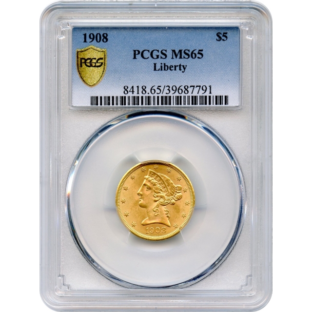 1908 $5 Liberty Liberty Head Half Eagle PCGS MS65