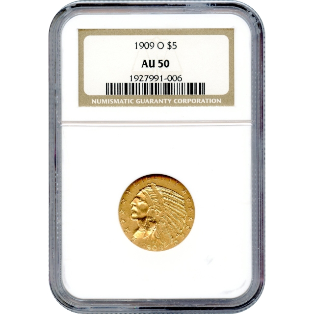 1909-O $5 Indian Head Half Eagle NGC AU50