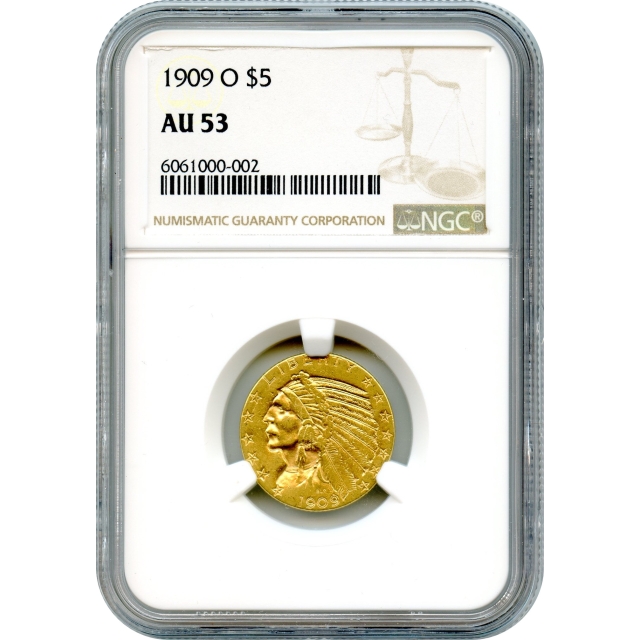 1909-O $5 Indian Head Half Eagle, NGC AU53 - Key Date-!