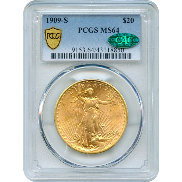 1909-S $20 Saint Gaudens Double Eagle, PCGS MS64 (CAC)