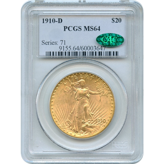 1910-D $20 Saint Gaudens Double Eagle PCGS MS64 (CAC)