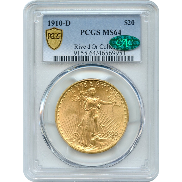 1910-D $20 Saint Gaudens Double Eagle PCGS MS64 (CAC) Ex.Rive d'Or Collection