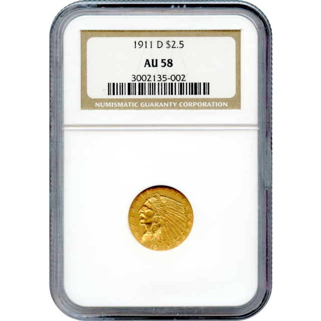 1911-D $2.50 Indian Head Quarter Eagle NGC AU58 - Key Date of Series!