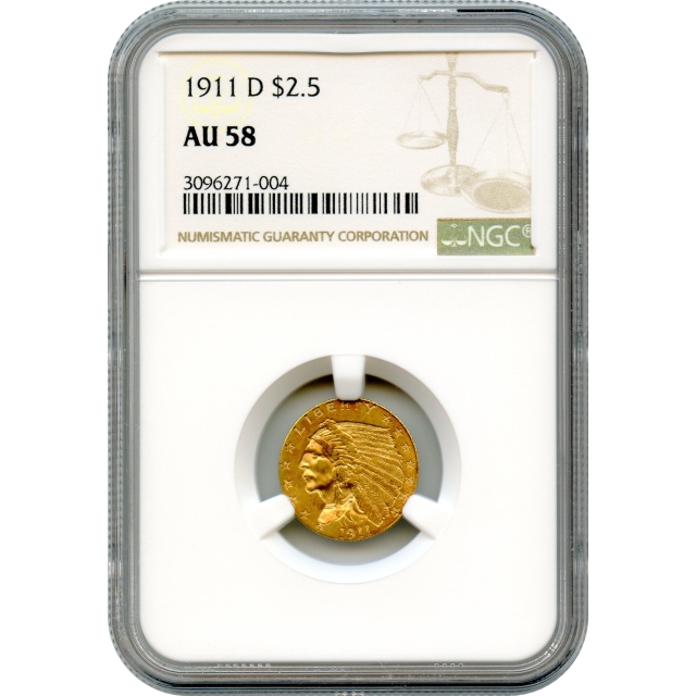 1911-D $2.50 Indian Head Quarter Eagle, NGC AU58 - Famous Key Date of Series